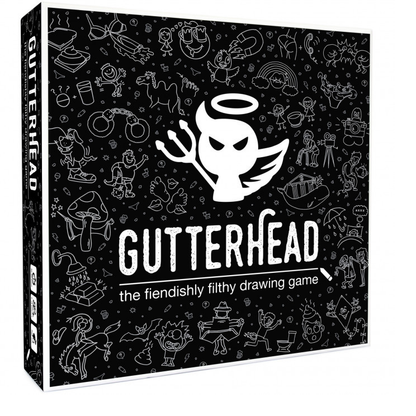 Gutterhead adult party game with filthy drawing, charades, dice, cards, and turd-shaped pieces. Suitable for 17+, 4–16 players, UK-designed humour.