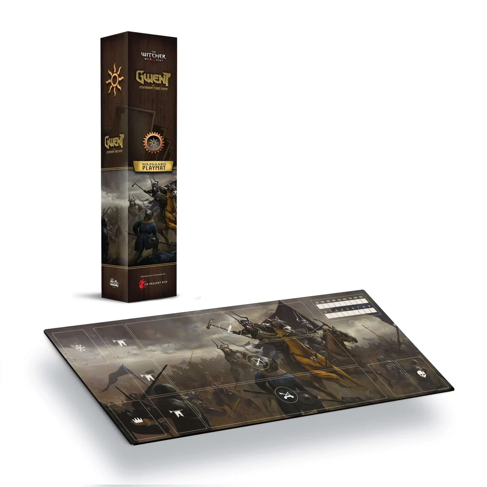 No Loading Games present the Witcher - Gwent Nilfgaard Playmat showing the product box standing upright and the printed game mat laid out in front on a clean white background.