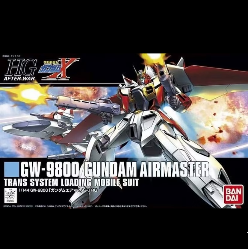 Model kit of Gundam Airmaster with Bandai logo on a dynamic background. Bandai HGAW GW-9800 Gundam Airmaster 1/144 scale Gunpla model kit.