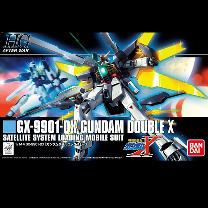 Bandai HG After War GX-9901 DX Gundam Double X Satellite System Loading Mobile Suit box art, featuring a white and grey mecha with blue, red, and yellow accents on a dynamic space-themed background. HG GX-9901-DX Gundam Double X