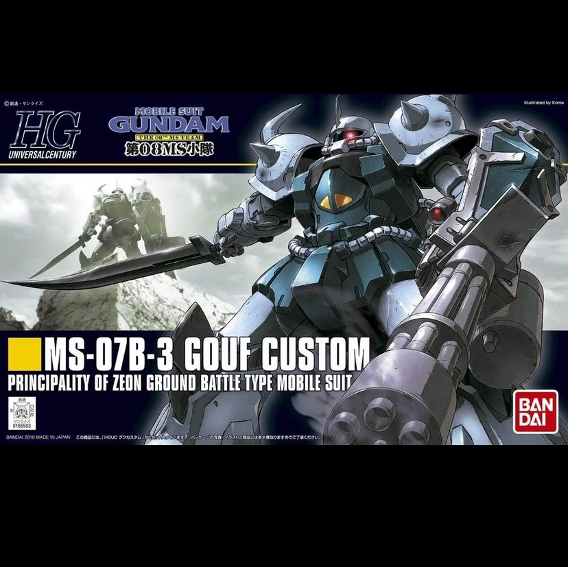 Model kit box for MS-07B-3 Gouf Custom Mobile Suit with Bandai logo. HG HGUC MS-07B-3 Gouf Custom Gundam Mobile Suit