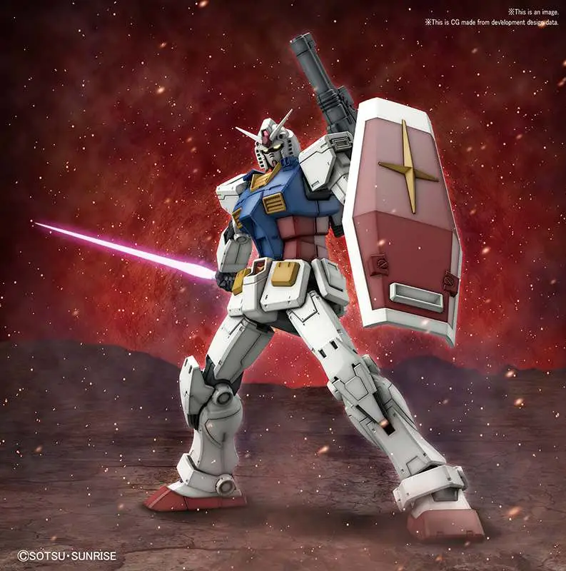 A Gundam-style mecha robot model posed in a space scene, holding a pink sword and a large shield, with a red starry nebula background. HG Rx-78-02 Gundam E.F.F Prototype Mobile Suit 1/144 Bandai Gunpla