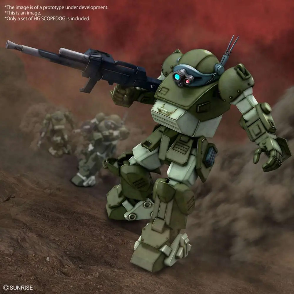 Bandai HG Scopedog ATM-09-ST High Grade VOTOMS 1/144 model kit in heavy machine gun action pose