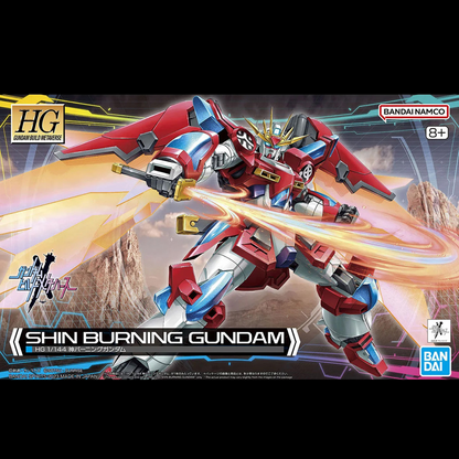 Model kit packaging of Shin Burning Gundam with Bandai and HG logos.