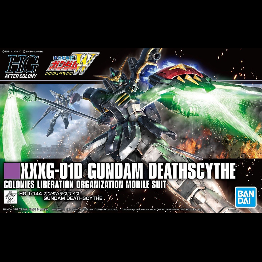 Box art for Bandai HG After Colony Gundam Wing XXXG-01D Gundam Deathscythe, showing a dark grey mobile suit with green energy effects and a Zork fighter in an action scene. HG XXXG-01D Gundam Deathscythe 1/144 Bandai Gunpla