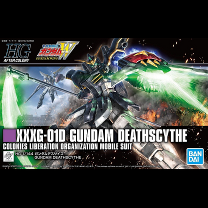 Box art for Bandai HG After Colony Gundam Wing XXXG-01D Gundam Deathscythe, showing a dark grey mobile suit with green energy effects and a Zork fighter in an action scene. HG XXXG-01D Gundam Deathscythe 1/144 Bandai Gunpla
