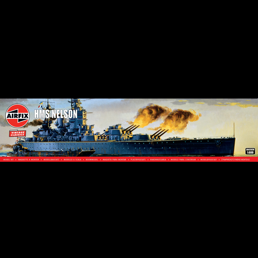 Airfix HMS Nelson model kit box front cover art showing a detailed illustration of the battleship at sea with smoke from its guns, plus the Airfix logo and product title text. HMS Nelson - Airfix Vintage Classics 1/600 Scale