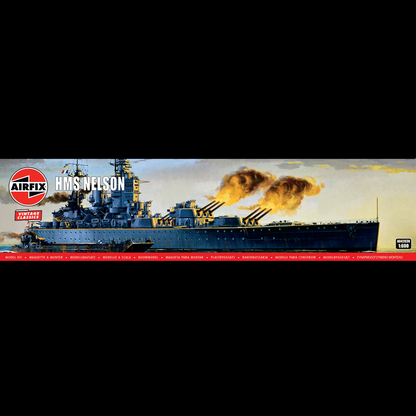 Airfix HMS Nelson model kit box front cover art showing a detailed illustration of the battleship at sea with smoke from its guns, plus the Airfix logo and product title text. HMS Nelson - Airfix Vintage Classics 1/600 Scale