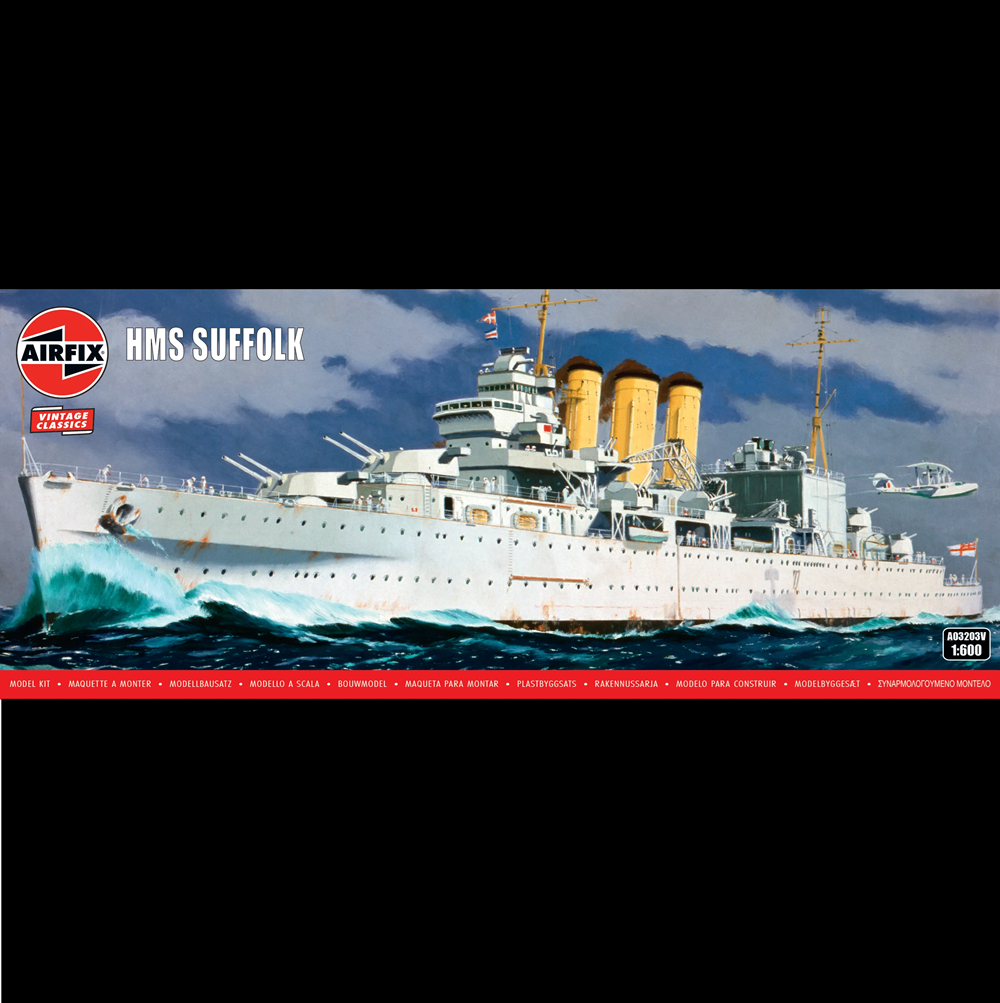 Airfix model kit box cover for HMS Suffolk, showing a painted military ship at sea with blue ocean, cloudy sky, and the Airfix and Model Kit logo. HMS Suffolk - Airfix Vintage Classics 1/600 Scale
