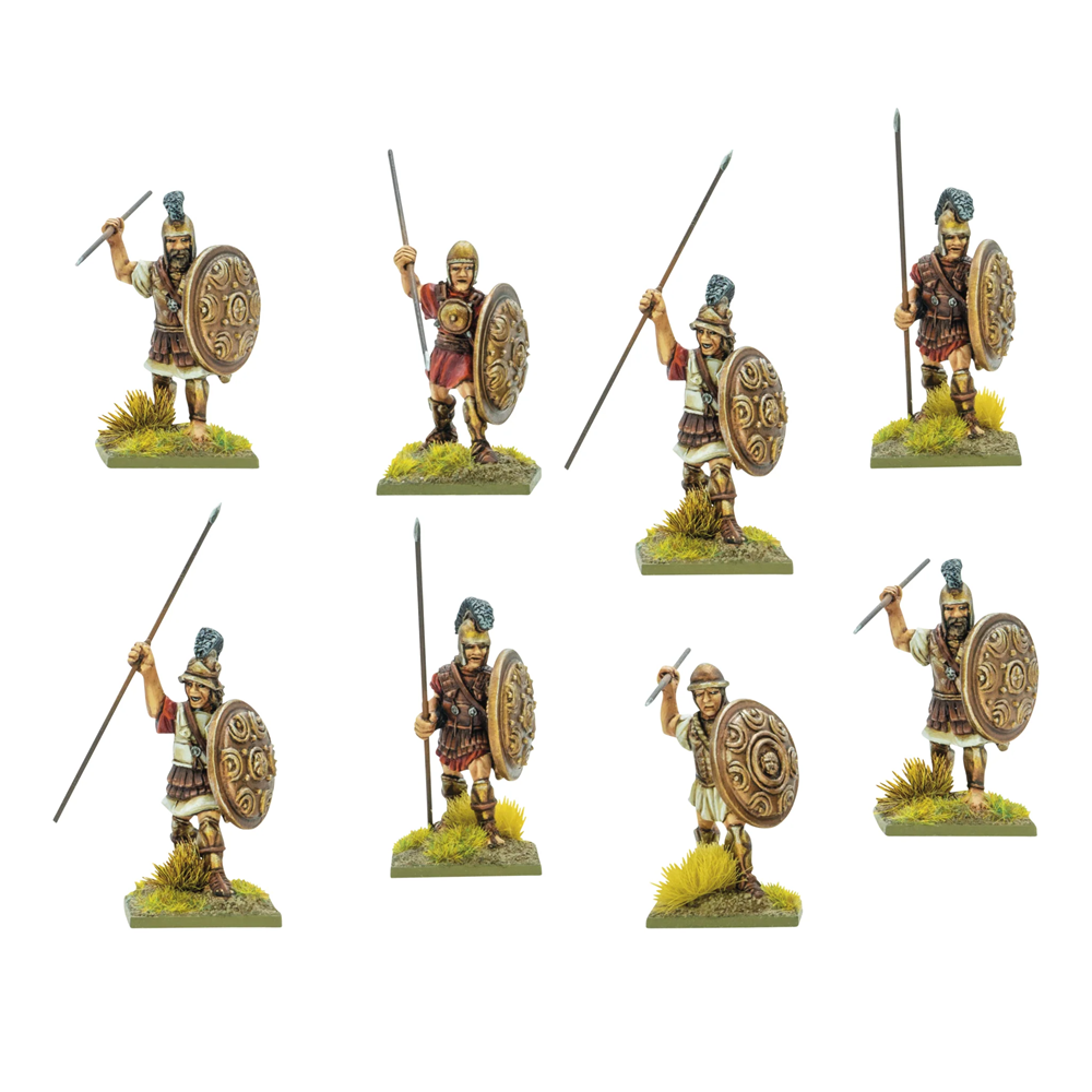 Warlord Games Hail Caesar Illyrian Nobles 28mm metal historical wargame miniatures. Set of eight miniature figures in ancient warrior costumes with spears and shields on a white background