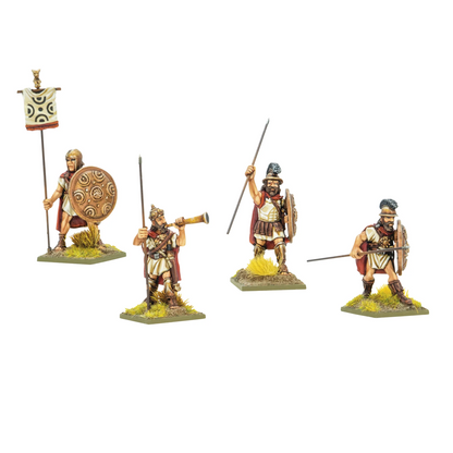 Warlord Games Hail Caesar Illyrian Nobles command 28mm metal historical miniatures. Set of four miniature figures of ancient warriors on a white background
