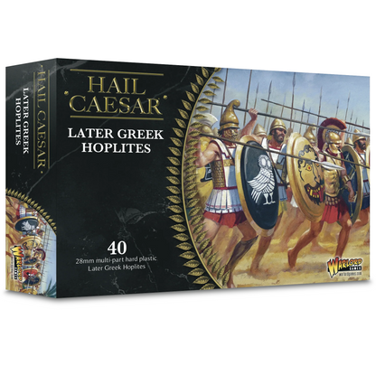 Warlord Games Hail Caesar Later Greek Hoplites 28mm plastic historical wargame miniatures box. Box for 'Hail Caesar' Later Greek Hoplites with warrior illustrations on a black background