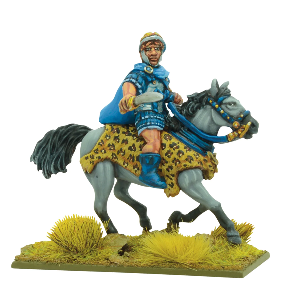 Warlord Games Pyrrhus of Epirus 28mm metal miniature for Hail Caesar historical wargaming. Figurine of a warrior on horseback with detailed armour and weapons, set against a white background.