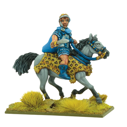 Warlord Games Pyrrhus of Epirus 28mm metal miniature for Hail Caesar historical wargaming. Figurine of a warrior on horseback with detailed armour and weapons, set against a white background.