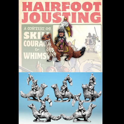 A 28mm scale metal miniature of a Hairfoot Jouster Riding a Giant Weasel. Hairfoot Jouster riding a giant weasel, wearing a helmet with plumage, a cloak, and armour, while carrying a flag, supplied unpainted with a 60mm round base.