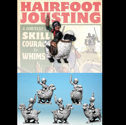 A 28mm scale metal miniature of a Hairfoot Jouster riding a sheep, holding a rolling pin high, wearing a pot on his head, with a frying pan strapped to the sheep, supplied unpainted with a 60mm round base.