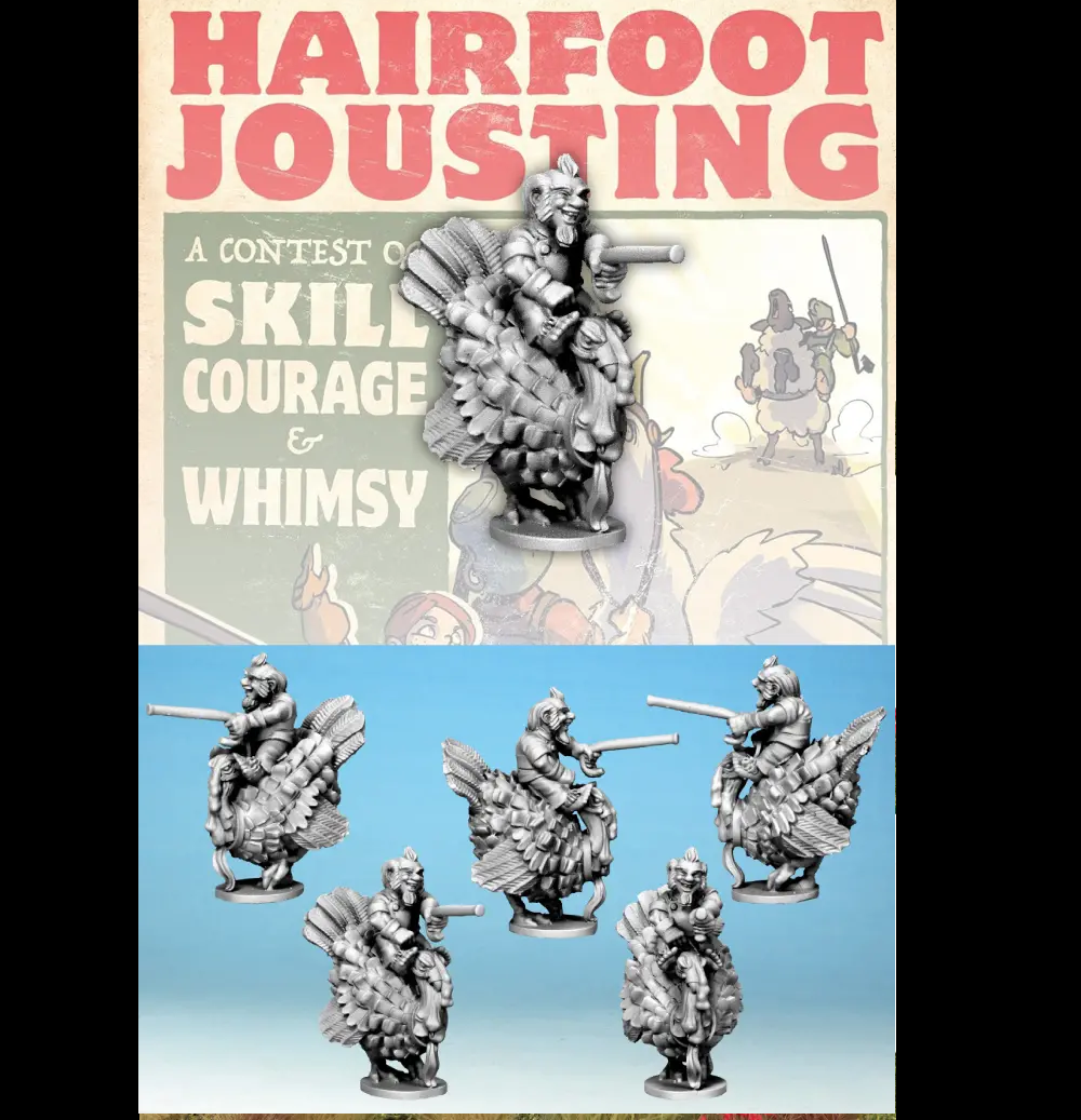 Hairfoot Jouster Riding a Turkey. The model features a cheerful male Hairfoot rider with a beard, pointing a walking stick while riding a turkey, showcasing the whimsical and detailed design of the game.