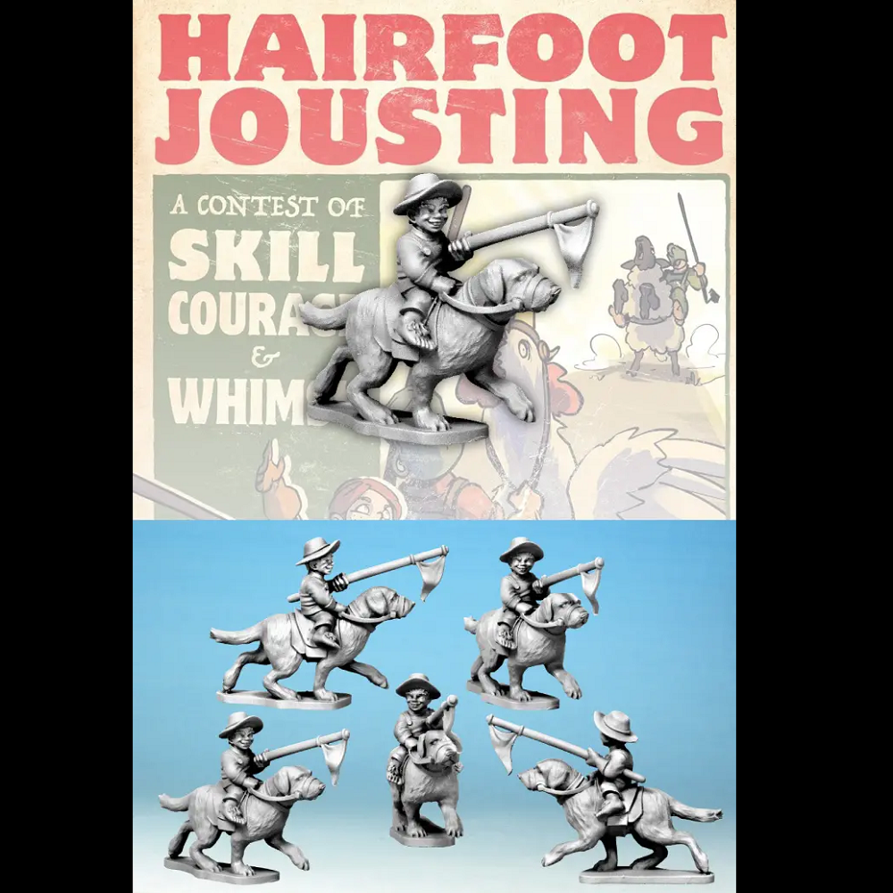 A 28mm scale metal miniature of a Hairfoot Jouster riding a dog, wearing a hat and carrying a pole with a flag, with a saddle on the dog's back, supplied unpainted with a 60mm round base