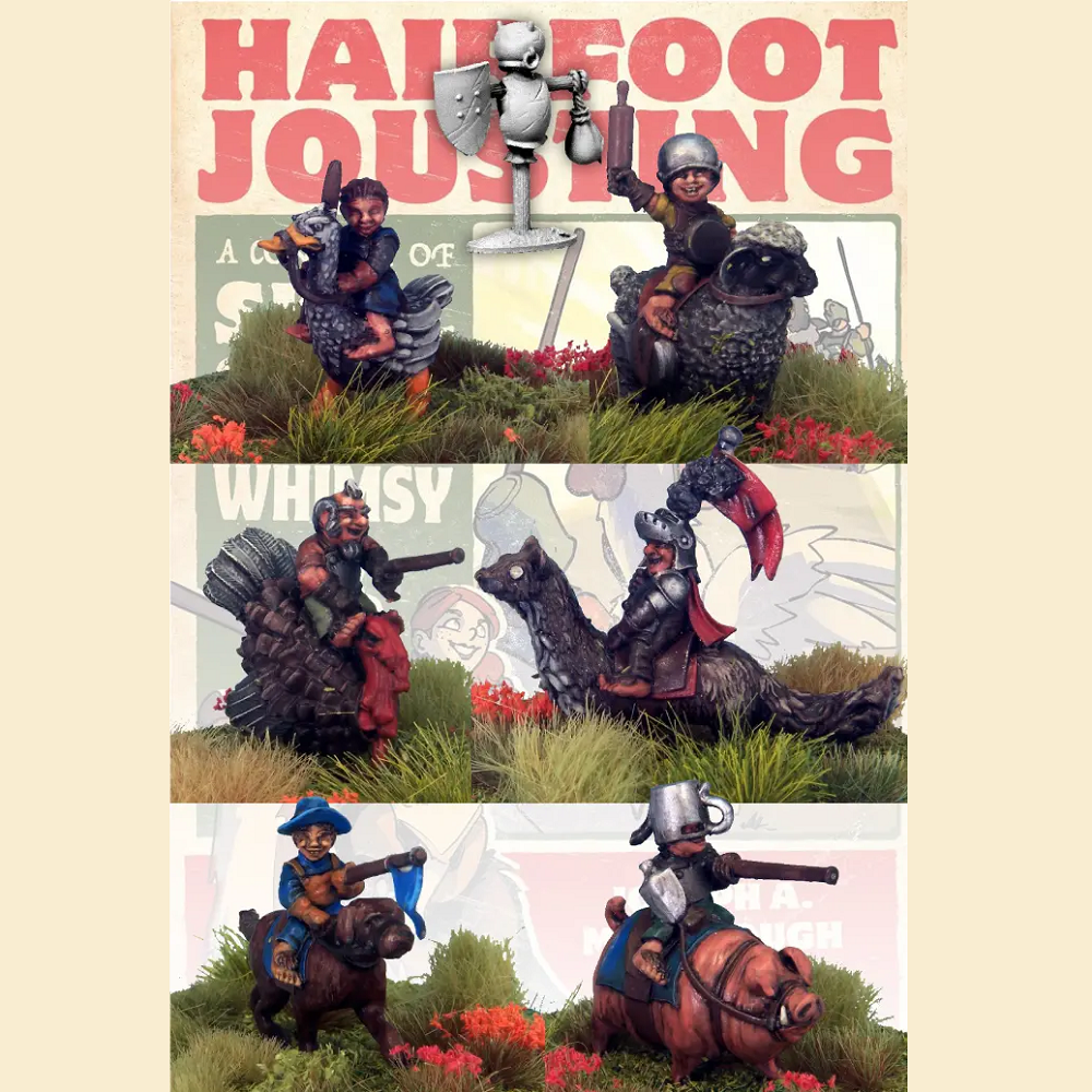 The bundle showcases metal models of halflings riding whimsical mounts like a sheep and a pig, highlighting the playful nature of Hairfoot Jousting in a vibrant setting.