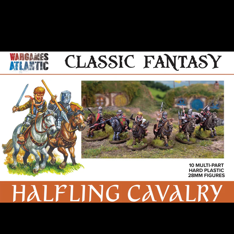 Wargaming product packaging for Halfling Cavalry figures by Wargames Atlantic, featuring illustrations of figures and horses.