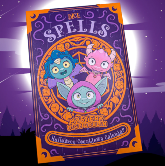 Advent calendar featuring 31 windows, each containing a spooky-themed polyhedral die, including grim reapers and ghosts, along with themed notes for tabletop gaming.
