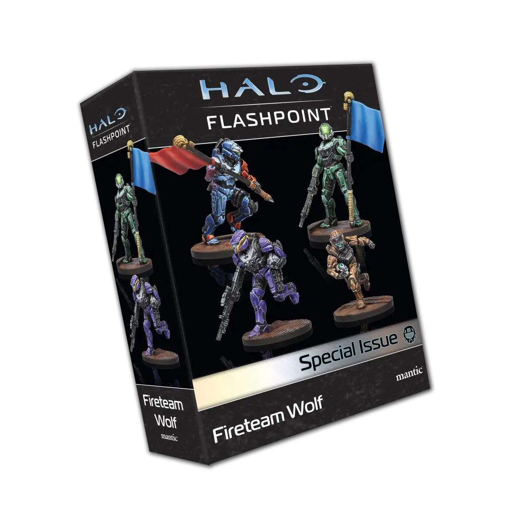 Halo Flashpoint game box with character figures on a white background. Halo Flashpoint Fireteam Wolf expansion resin Spartan miniatures with alternate poses and equipment