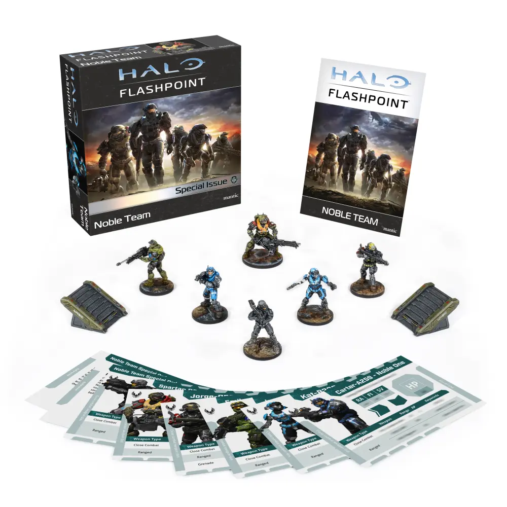 Halo Flashpoint game set with miniatures and cards on a white background