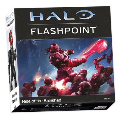 Halo: Flashpoint Rise of the Banished boxed set featuring Atriox model, Jiralhanae and Sangheili miniatures, terrain, dice, and a deluxe play board for tabletop gaming.