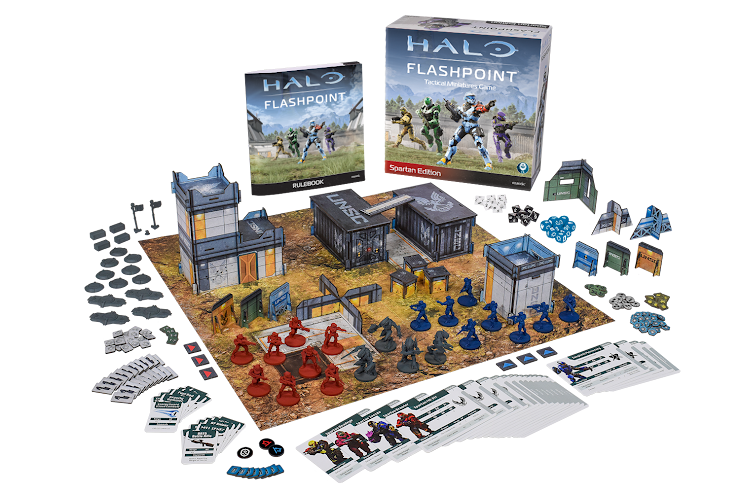 Halo Flashpoint Starship Edition tabletop wargaming kit with box, rulebook, terrain pieces, miniatures, tokens, and other game components.