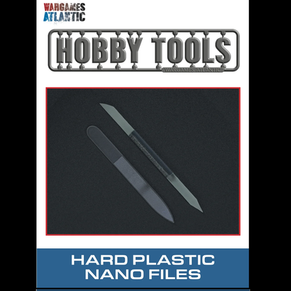 Hobby tools packaging with two nano files on a black background, labeled 'Hard Plastic Nano Files'.