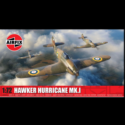 Hawker Hurricane Mk.I Airfix 1:72 Scale Model Kit. Airfix Hawker Hurricane MK.I model kit packaging with three planes in flight against a cloudy sky.