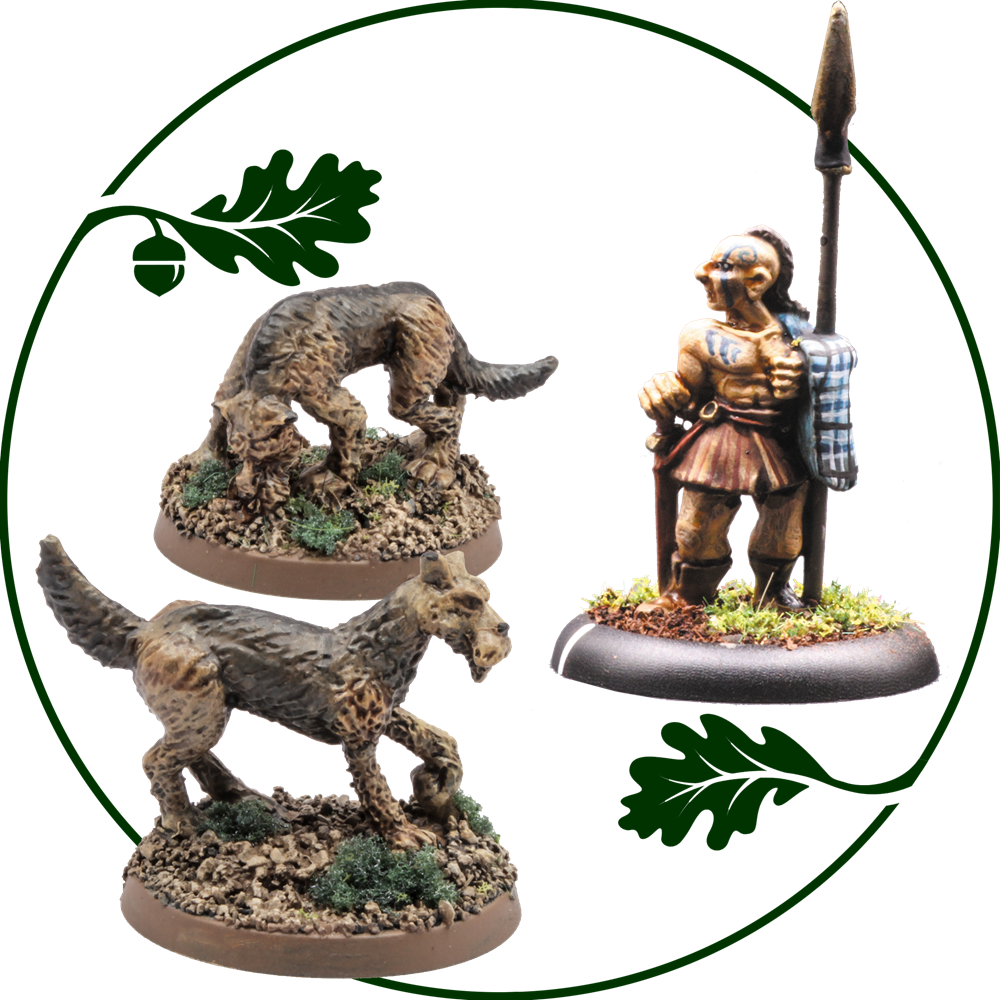 Three painted tabletop gaming miniatures on round bases: two canine figures and one humanoid warrior holding a spear, shown on a white background with a green circular border and oak leaf graphics. Hearthfolk Culinne - Oakbound