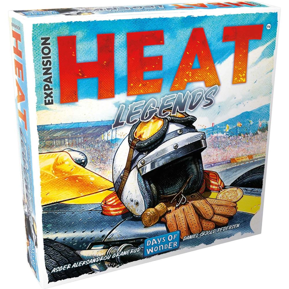 Board game expansion box titled 'HEAT Legends' with helmet and car illustration on a blue background. Heat Legends Expansion Board Game Expansion Heat Pedal to the Metal Days of Wonder