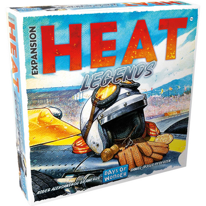 Board game expansion box titled 'HEAT Legends' with helmet and car illustration on a blue background. Heat Legends Expansion Board Game Expansion Heat Pedal to the Metal Days of Wonder