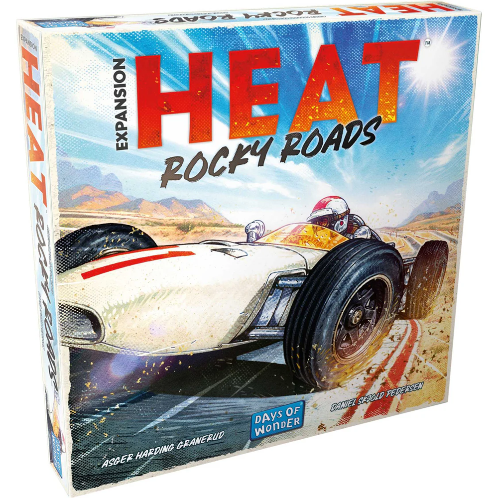 Days of Wonder Heat Rocky Roads board game expansion with South Africa and Germany racing tracks. Board game expansion box titled 'HEAT Rocky Roads' with a racing car on a desert road.