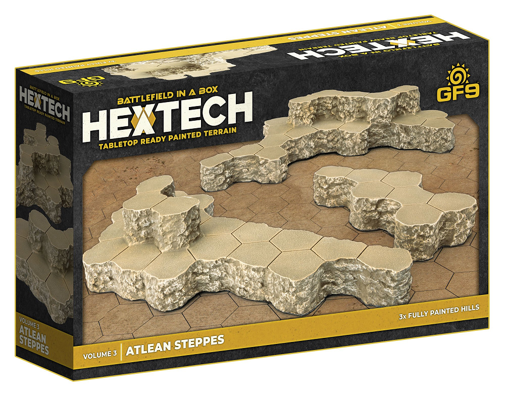 Battlefield in a Box HexTech: Atlean Steppes: Volume 3. Set of 3 pre-painted hills, approx. 17cm each. Perfect for 6-10mm sci-fi Epic Scale games
