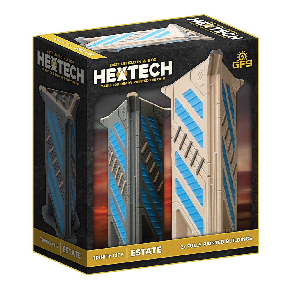 Battlefield in a Box HexTech: Trinity City – Estate. Set of 2 pre-painted Estates with hex bases. Perfect for 6-10mm scale sci-fi miniatures games