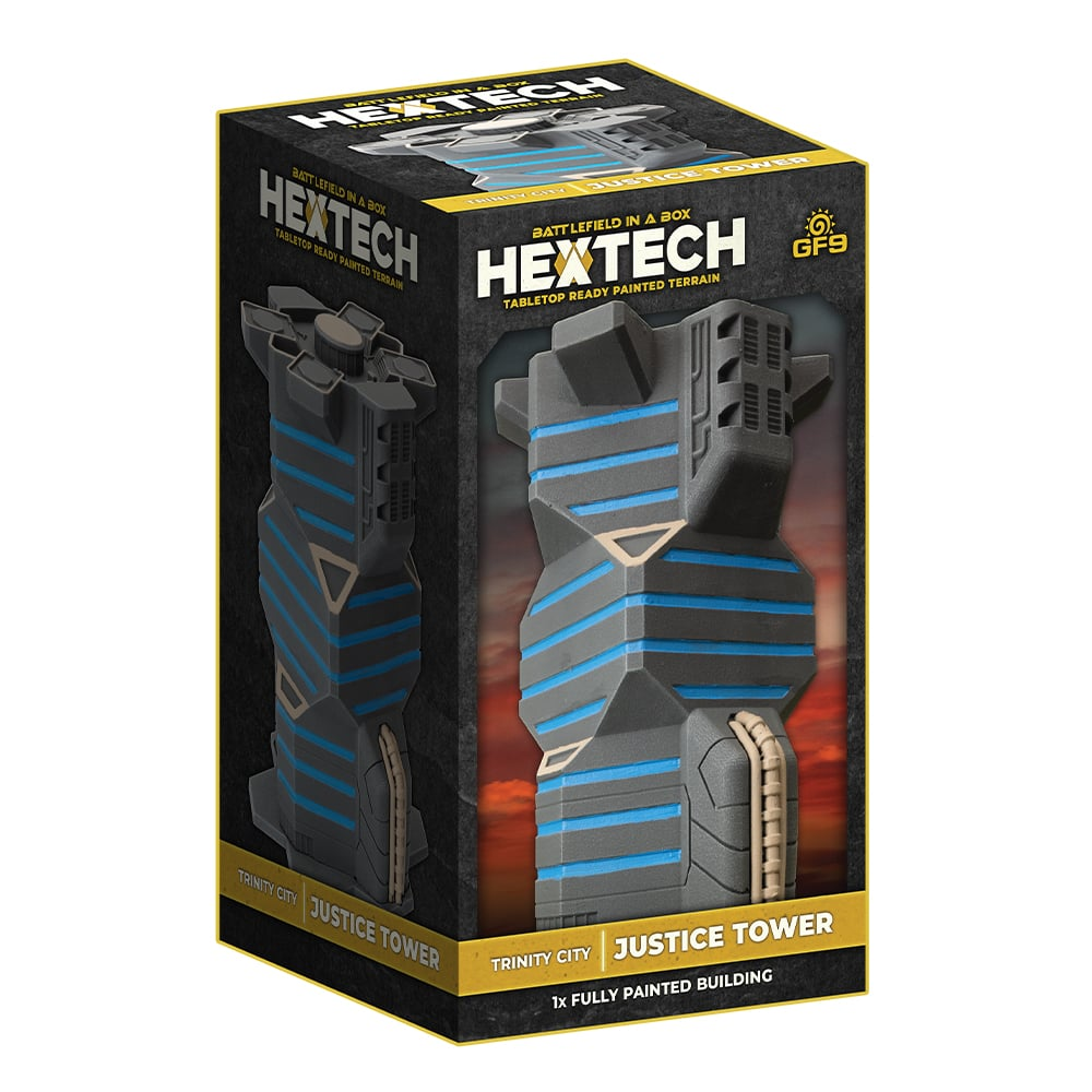 Battlefield in a Box HexTech: Trinity City – Justice Tower. Pre-painted 13.5cm sci-fi building with hex base. Ready-to-use for 6-10mm scale games.