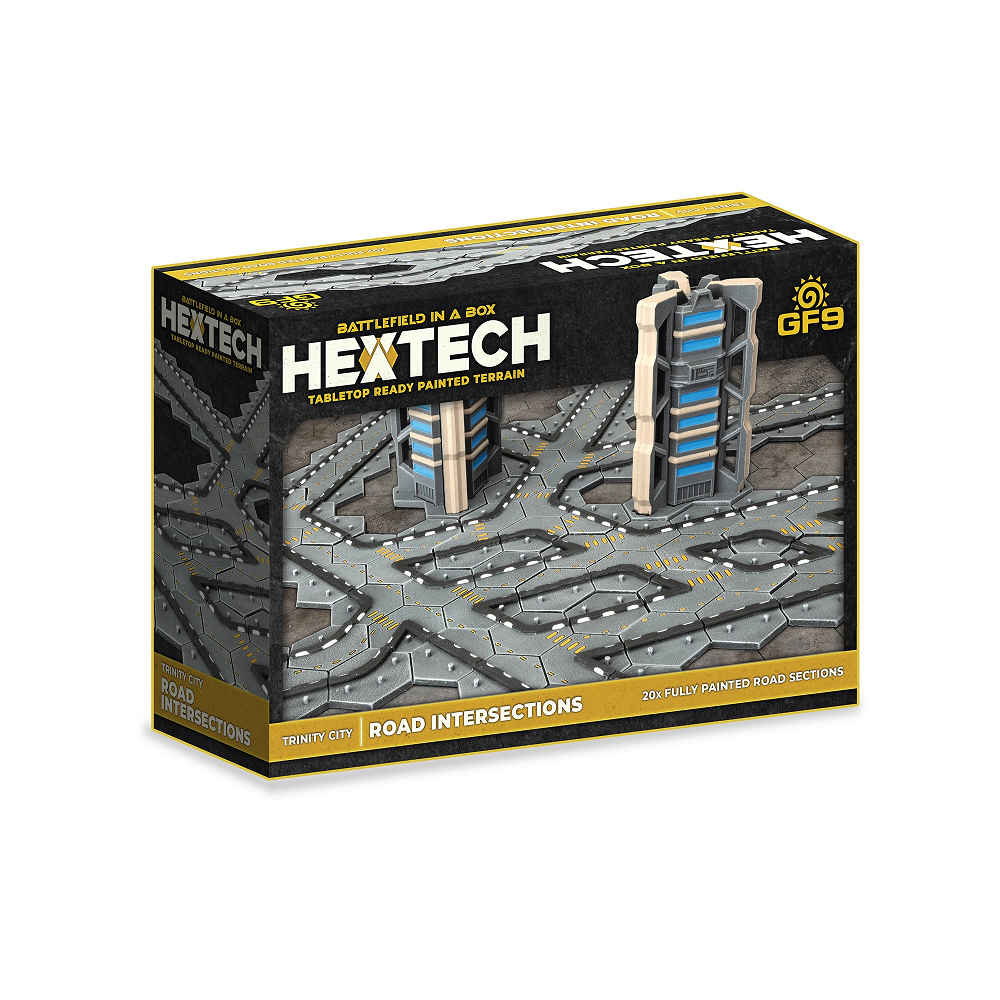 Battlefield in a Box HexTech: Trinity City – Road Intersections. Designed by Christopher Wailes. Pre-painted terrain with 20 road sections for sci-fi 6-10mm games.
