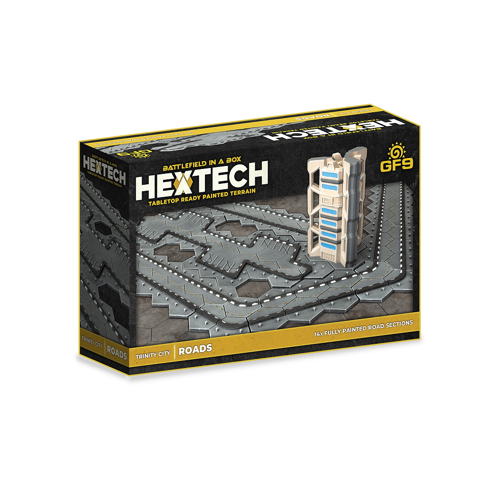 Battlefield in a Box HexTech: Trinity City – Roads. Pre-painted terrain set with 14 road sections for 6-10mm sci-fi miniatures. Compatible with Epic Scale games