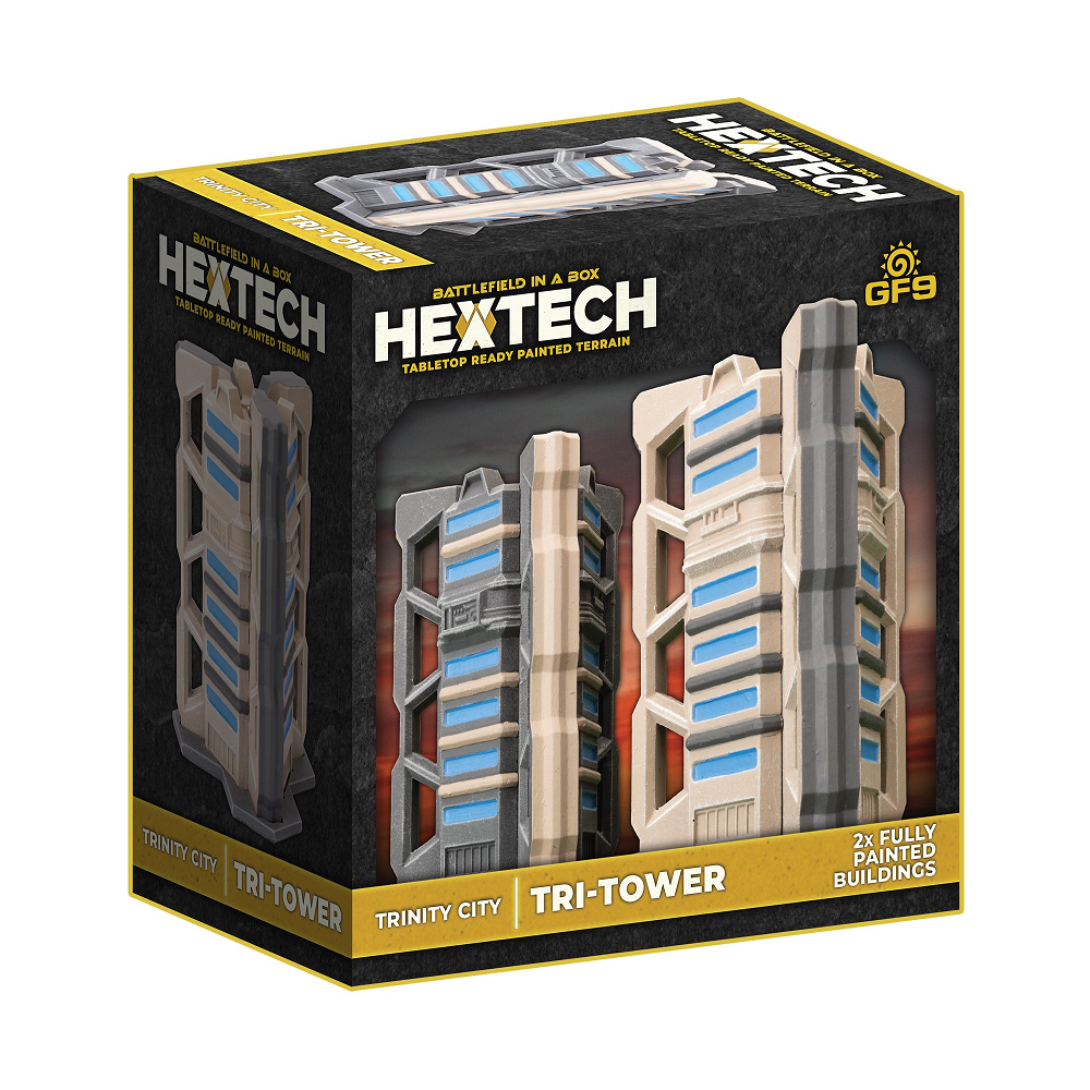 Battlefield in a Box HexTech: Trinity City – Tri-Tower. Pre-painted 9.5cm terrain set with hex bases. Ideal for 6-10mm sci-fi tabletop miniatures games