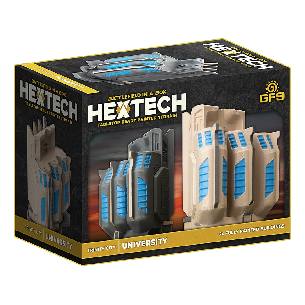 Battlefield in a Box HexTech: Trinity City – University. Set of 2 pre-painted University buildings with hex bases. Ready-to-use for 6-10mm sci-fi games