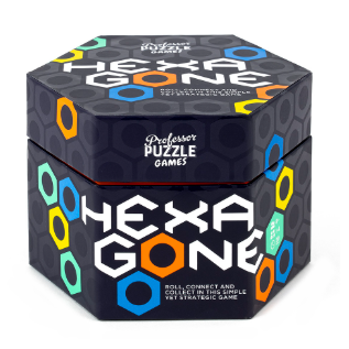 Hexagone Strategy Game. a dark blue hexagon boxed with white writing and yellow, blue and orange hexagon shapes