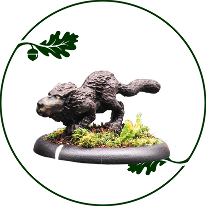A painted fantasy creature figurine, likely a werewolf or wolf-like monster, standing on a textured dark base with green and yellow moss details. The miniature is centered inside a circular frame with a green oak leaf and acorn motif on a plain white background. Hillfolk Barguest by Oakbound Studio