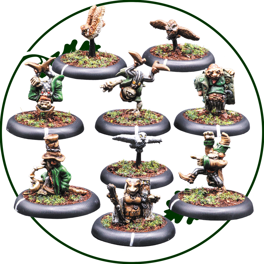 A set of nine painted fantasy tabletop miniatures arranged in a circle on round black bases, isolated on a white background with a thin green circular outline. Hillfolk Warband by Oakbound Studio