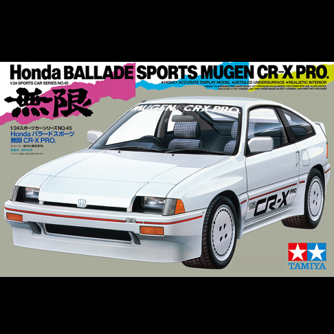Honda Ballade Sports Mugen CR-X PRO Tamiya 1:24 scale model kit from the Tamiya sports car series enabling you to build a highly accurate display model. This kit enables you to create a special version of the CR-X that was customised by the famed tuning outfit Mugen, the racy form of the car is recreated with a realistic interior features depictions of the dashboard and seats, it also have two types of steering wheel to choose between