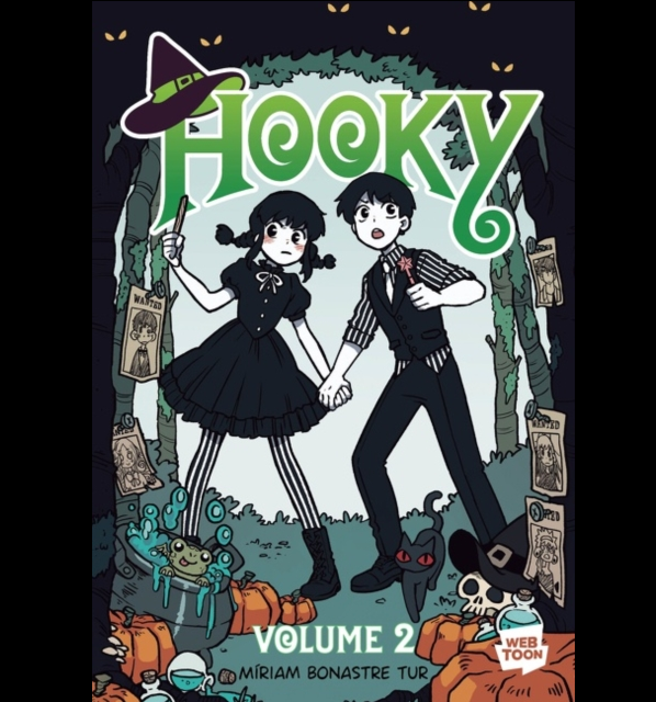 Illustrated book cover for 'Hooky Volume 2' by Miriam Bonastre Tur, featuring a spooky cartoon scene with two children in black clothing, pumpkins, a cat, and large green title text at the top. Hooky Volume 2 A Graphic Novel by Miriam Bonastre Tur paperback