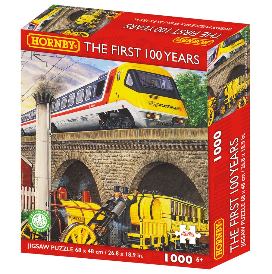 Hornby The First 100 Years 1000 piece jigsaw puzzle with Stephenson’s Rocket and Intercity APT. Hornby puzzle box celebrating the first 100 years of trains, featuring a train and railway scene.