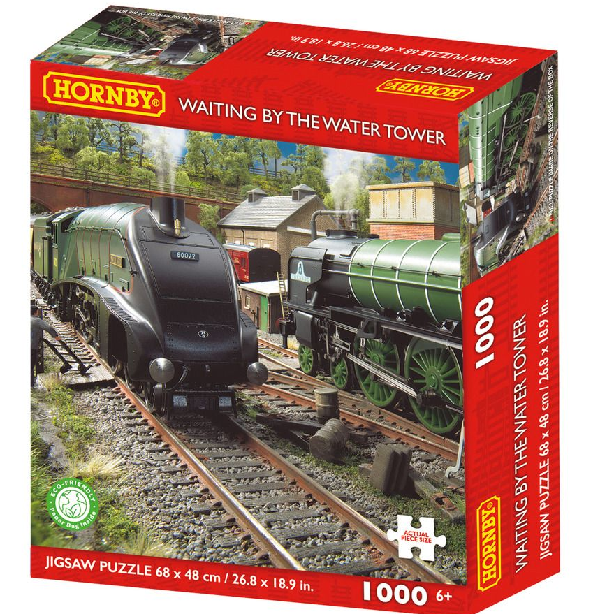 Hornby jigsaw puzzle box with train design and 'Waiting by the Water Tower' text
