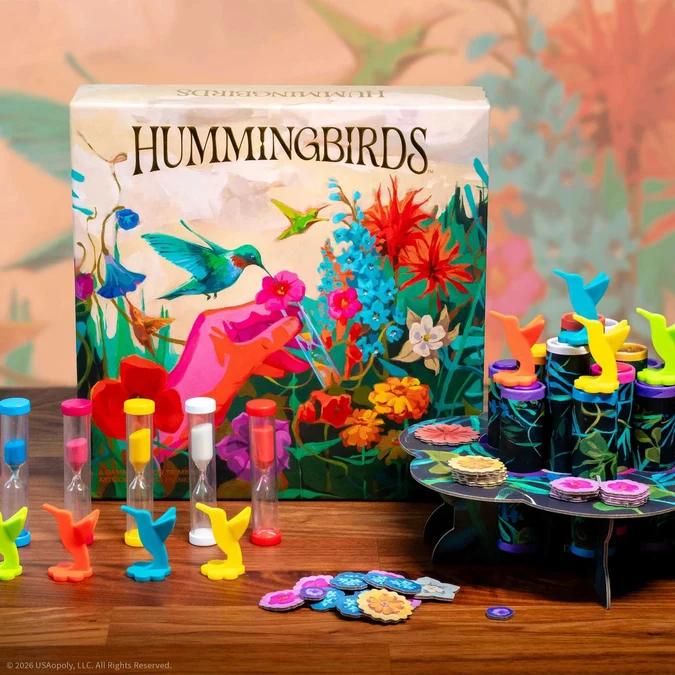 Hummingbirds board game with flower sand timers hummingbird pieces and nectar tokens